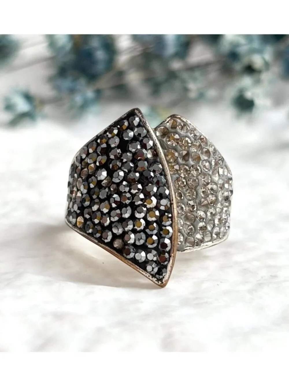 Modernist Folded Multi Rhinestone Brass Plated Malaysian Vintage Ring - sz 8